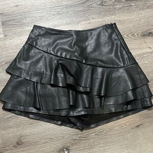 Black Faux Leather Ruffle Mini Skort